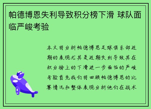 帕德博恩失利导致积分榜下滑 球队面临严峻考验