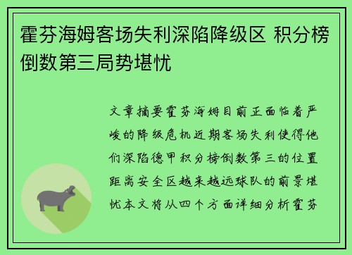 霍芬海姆客场失利深陷降级区 积分榜倒数第三局势堪忧