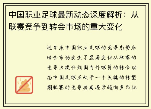 中国职业足球最新动态深度解析：从联赛竞争到转会市场的重大变化