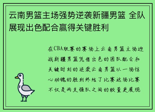 云南男篮主场强势逆袭新疆男篮 全队展现出色配合赢得关键胜利