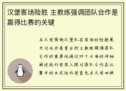 汉堡客场险胜 主教练强调团队合作是赢得比赛的关键