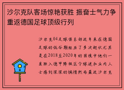 沙尔克队客场惊艳获胜 振奋士气力争重返德国足球顶级行列