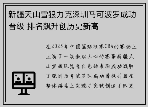 新疆天山雪狼力克深圳马可波罗成功晋级 排名飙升创历史新高