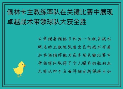 佩林卡主教练率队在关键比赛中展现卓越战术带领球队大获全胜