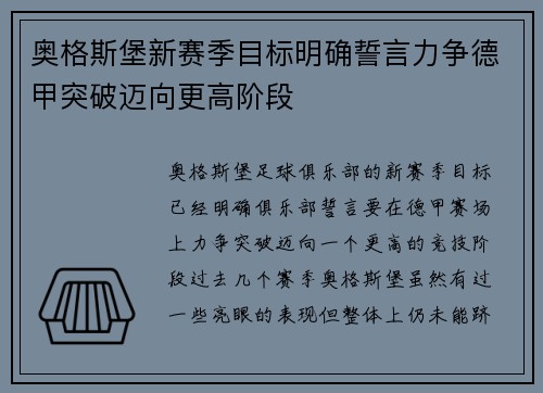 奥格斯堡新赛季目标明确誓言力争德甲突破迈向更高阶段
