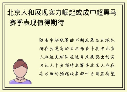北京人和展现实力崛起或成中超黑马 赛季表现值得期待