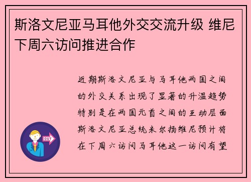 斯洛文尼亚马耳他外交交流升级 维尼下周六访问推进合作